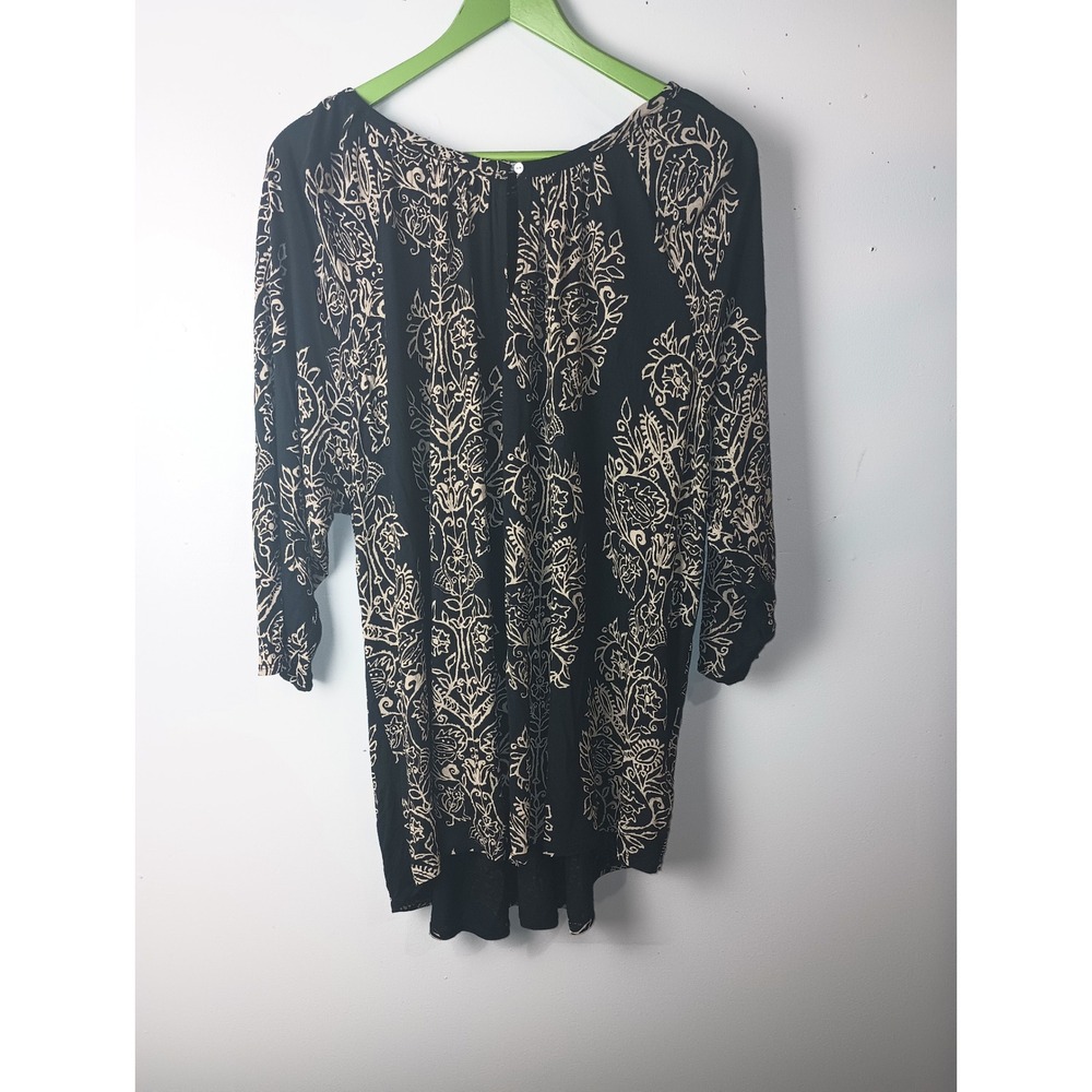 Lucky Brand Womens 3X Black Tan Paisley Damask Tunic Top High Low Viscose Blouse